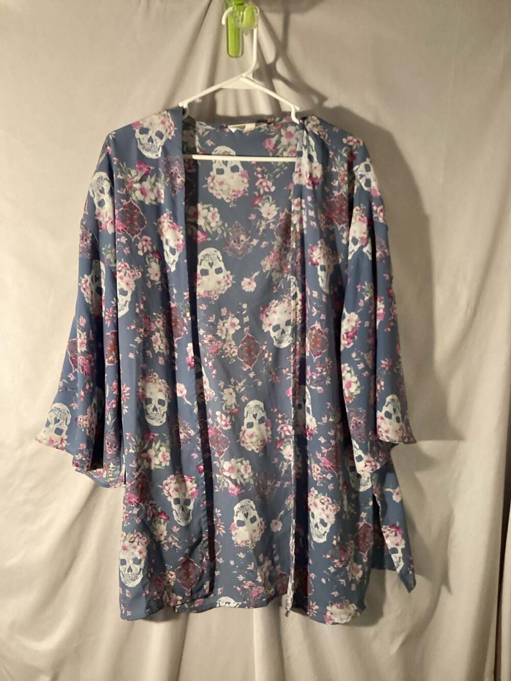 Pink Rose Floral Skull Print Open Front Kimono